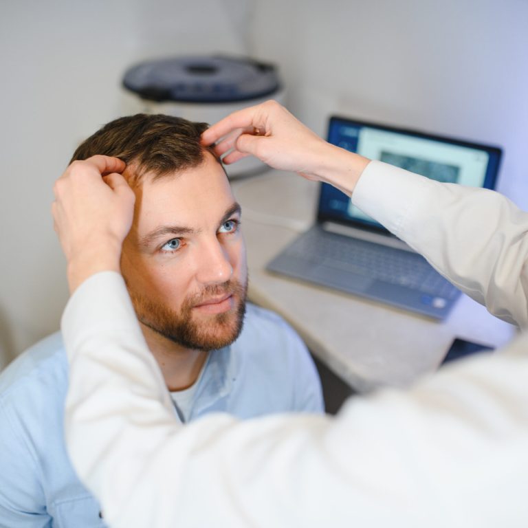 A trichologist examines the hair of a man who begins alopecia. Consultation with a dermatologist. Hair loss, alopecia, pruritus, burning head or seborrhea